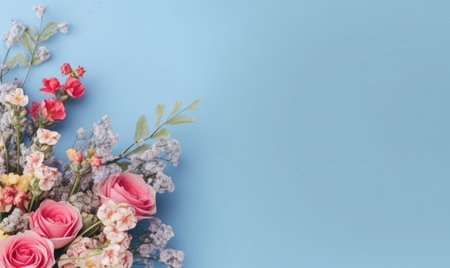 Vibrant bouquet of assorted flowers against a serene blue background, showing nature's beauty. AI Generativeの素材