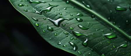 Macro shot of leaf with glistening water droplets, capturing nature's delicate beauty. AI Generativeの素材