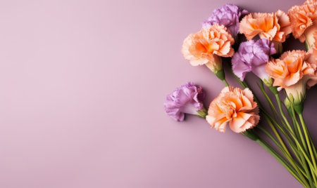 Delicate carnations, exuding elegance and tranquility on purple background.の素材