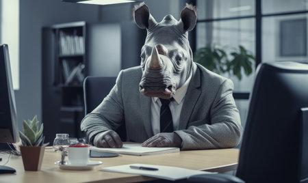 Rhinoceros works diligently in office, blending surrealism with professional setting. AI Generativeの素材
