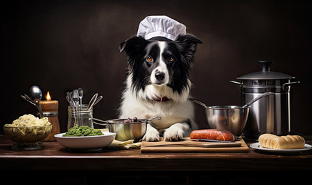 Dog in chef's hat confidently presides over a table filled with culinary delights. AI Generativeの素材