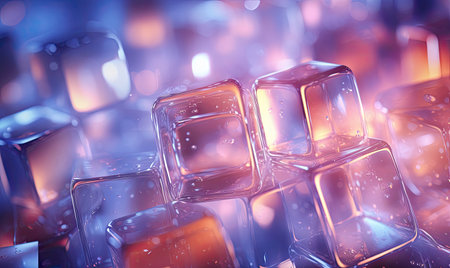 Vivid glassmorphism design showing structured ice cube patterns with radiant bokeh lights. AI Generativeの素材
