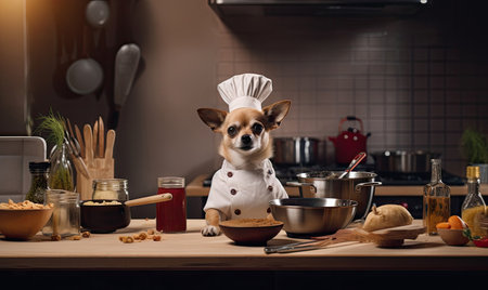 Chef chihuahua on counter, exuding professionalism with kitchenware and tantalizing aromas. AI Generativeの素材