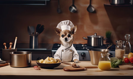Chef chihuahua on counter, exuding professionalism with kitchenware and tantalizing aromas. AI Generativeの素材