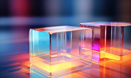 Abstract 3D composition of floating translucent cubes against a blurred gradient background. Transparent geometric shapes wallpaper. AI Generativeの素材