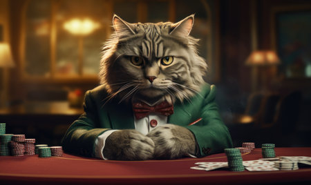 Stylish feline croupier in suit, focused on high-stakes game, under a dim chandeliers glow. AI Generativeの素材