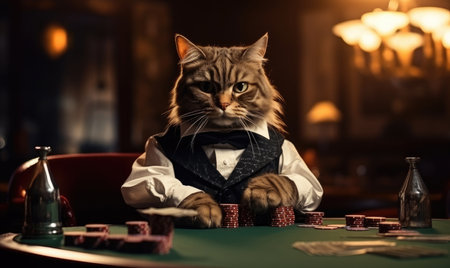 Stylish feline croupier in suit, focused on high-stakes game, under a dim chandeliers glow. AI Generativeの素材