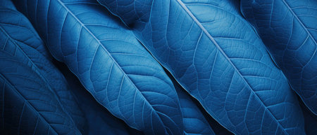 Close-up of blue-hued tropical leaves, showcasing their detailed textures and vibrant beauty. AI Generativeの素材