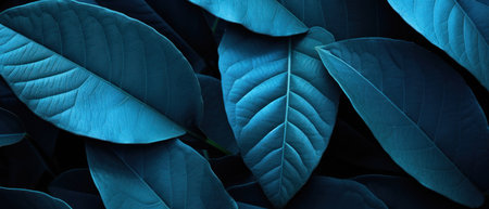 Close-up of blue-hued tropical leaves, showcasing their detailed textures and vibrant beauty. AI Generativeの素材