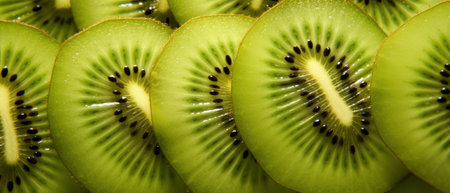 Detailed macro view of juicy kiwi pulp, emphasizing its lush green hue and seed patterns. AI Generativeの素材