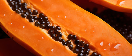 Macro view of papaya showcasing its intricate textures and contrast between seeds and flesh. AI Generativeの素材