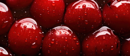 Detailed view of a ripe cherry's surface, accentuating its lustrous skin and texture. AI Generativeの素材