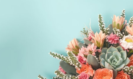 A vivid bouquet featuring pink flowers and sturdy succulents, symbolizing a harmonious blend of softness and resilience. AI Generativeの素材