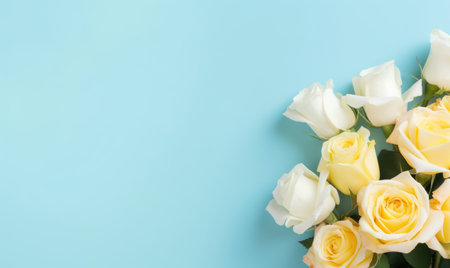 Delicate bouquet of white and yellow roses on a soft blue background. AI Generativeの素材