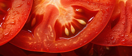 A striking macro capture of a sliced tomato's vibrant innards and intricate texture. AI Generativeの素材