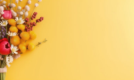 A vibrant bouquet of assorted flowers against a bright yellow backdrop. AI Generativeの素材