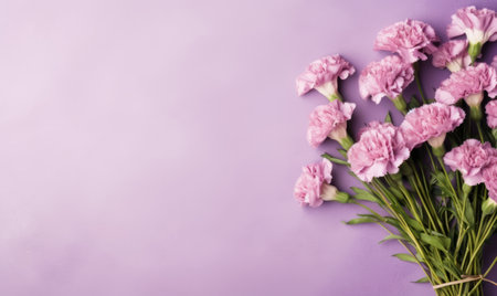 Purple carnations elegantly arranged against a rich purple backdrop, showcasing delicate beauty and vivid colors. AI Generativeの素材