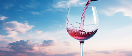 Wine's graceful dance captured mid-splash, contrasted by the vastness of the sky and clouds. Dynamic splash of red wine in a glass, set against the ethereal backdrop. AI Generativeの素材