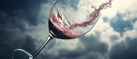 Wine's graceful dance captured mid-splash, contrasted by the vastness of the sky and clouds. Dynamic splash of red wine in a glass, set against the ethereal backdrop. AI Generativeの素材