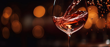 Elegantly poured red wine, emphasizing its rich texture and color in a shadowed ambiance. AI Generativeの素材