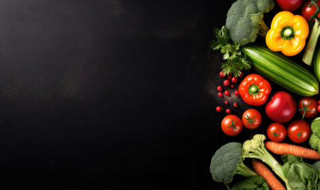 Top view vegetables on black background. Vegetarian organic food banner. Cooking ingredient - carrot, tomatoes, cucumber, pepper, broccoli, onion. Copy space. AI Generativeの素材