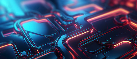 Futuristic neon-lit composition with dynamic geometric shapes, reminiscent of advanced technology. AI Generativeの素材