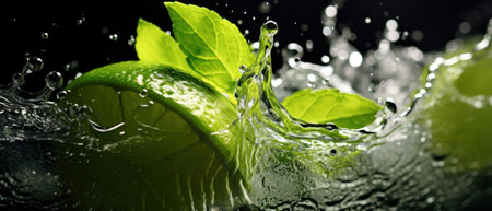 Dynamic splash in a glass of mojito, garnished with lime and mint against a green backdrop. Invigorating scene of a mojito drink with lively water splashes and fresh garnishes. AI Generativeの素材