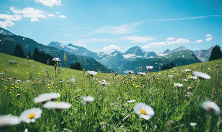 A lush meadow of blooming daisies contrasts beautifully with distant, snowy mountain peaks. AI Generativeの素材