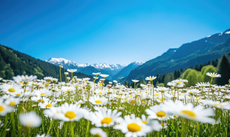 A lush meadow of blooming daisies contrasts beautifully with distant, snowy mountain peaks. AI Generativeの素材
