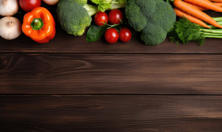 Vegetables on old wood table background. Top view. Vegetarian organic food banner. Cooking ingredient - carrot, tomatoes, cucumber, pepper, broccoli, onion. Copy space. AI Generativeの素材
