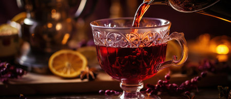 Cozy setting of mulled wine poured into a glass, with steam rising and a candle flickering nearby, orange accents, and aromatic beverages on a wooden table. AI Generativeの素材