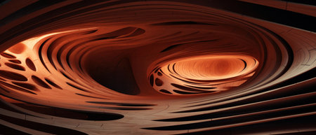 Intriguing abstract scene with wooden structures. Mesmerizing wooden spiral tunnel with vibrant abstract designs, evoking depth and movement. AI Generativeの素材