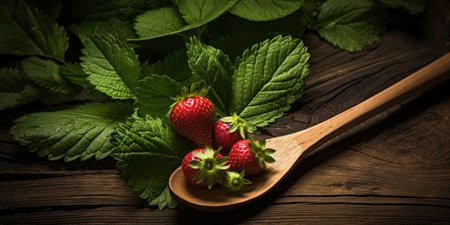 Strawberries in spoon, dark elegance. Ripe berries in wood, lush contrast.の素材