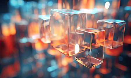 Suspended glass cubes in mid-air on blue, reflective scene. AI Generativeの素材