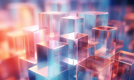 A serene composition of translucent glass cubes, bathed in a gradient of blue to pink lighting. AI Generativeの素材