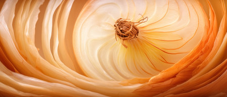 Detailed close-up of onion's natural pattern and sheen. Vivid macro of onion skin showing layered textures.の素材