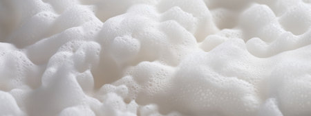 Macro shot of white foam texture, resembling a soft cloud landscape.の素材
