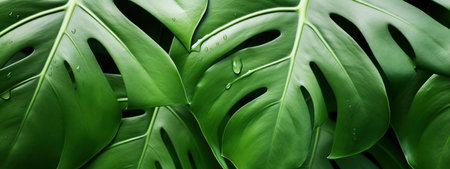 Close-up of vibrant Monstera leaf, rich texture and color.の素材
