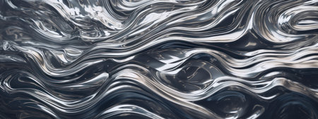 Elegant silver waves on a fluid, shiny backdrop. Dynamic silver texture. AI Generativeの素材