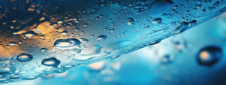 Water droplet close-up with reflective colors. Glistening droplet, dynamic blue backdrop.の素材