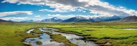 Steppe landscape with a vibrant spring flowing. Wild steppe spring surrounded by grasslands.の素材