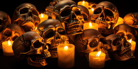 Glowing Halloween skulls pile in eerie darkness.の素材