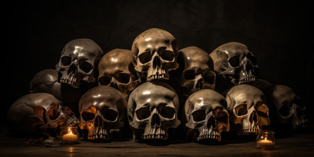 Skulls in shadow, a somber dance of death and mystery.の素材