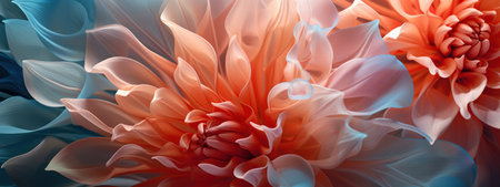 Macro shot of a vibrant flower with a bright orange center and detailed blue petals.の素材