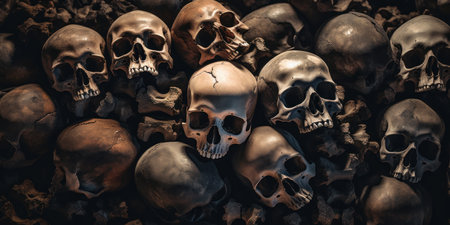 Eerie collection of human skulls in darkness, highlighting mortality and decay.の素材
