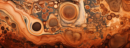 Microscopic view of a copper surface, showcasing intricate textures and a rich spectrum of oranges and browns.の素材
