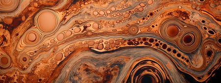 Microscopic view of a copper surface, showcasing intricate textures and a rich spectrum of oranges and browns.の素材