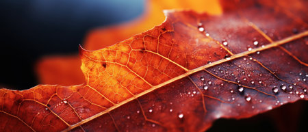 Close-up nano photo of an autumn leaf, highlighting intricate veins and water droplets. Vivid orange leaves in macro detail.の素材