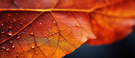 Close-up nano photo of an autumn leaf, highlighting intricate veins and water droplets. Vivid orange leaves in macro detail.の素材