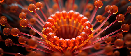 Close-up nano shot of a wild flower structure, showcasing vibrant orange and red hues against a dark backdrop.の素材